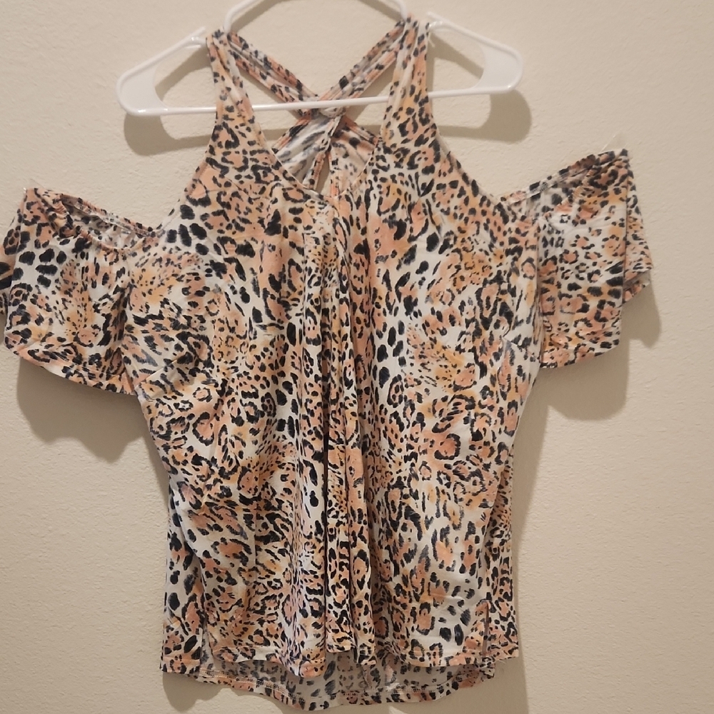 Cream and Brown Ruffled Sleeveless Blouse